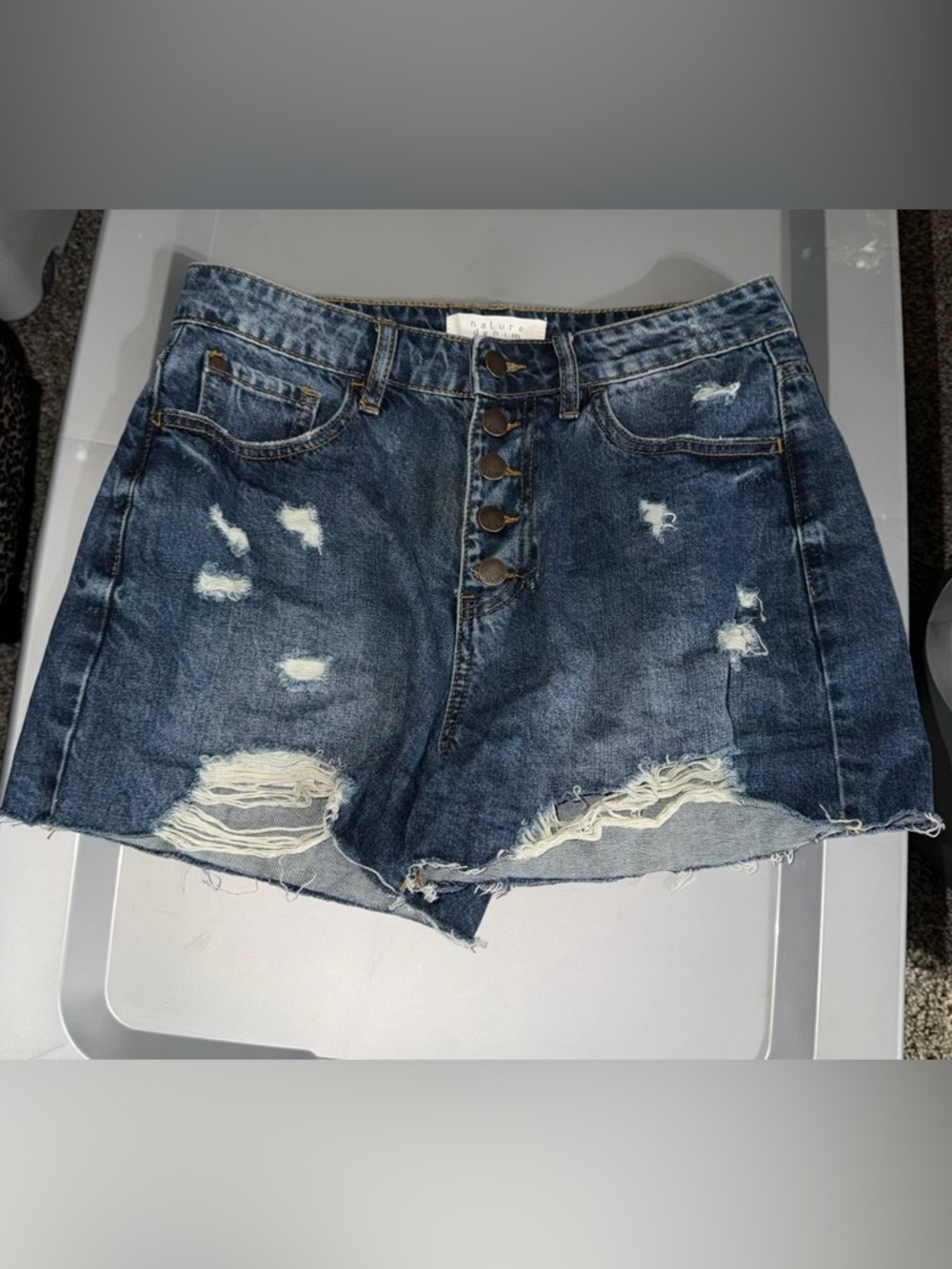 High-Rise Distressed Dark Blue Denim Jean Shorts